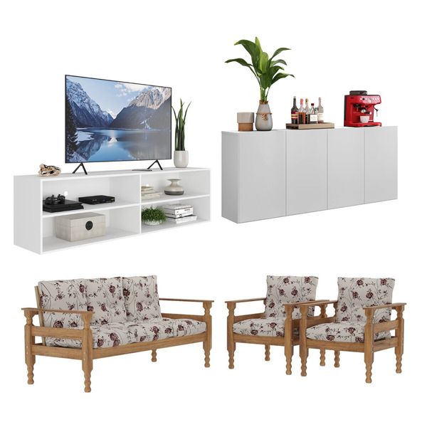 Rack TV 75" com Aparador e Jogo de Sofá Multimóveis CR45236 Branco/Imbuia/Floral Rosa