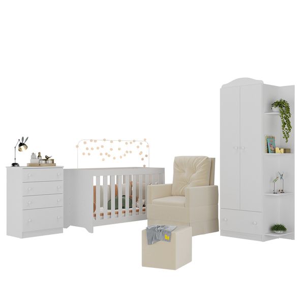 Quarto Infantil Completo com Poltrona de Amamentação e Puff Multimóveis MP4080 Branco/Bege