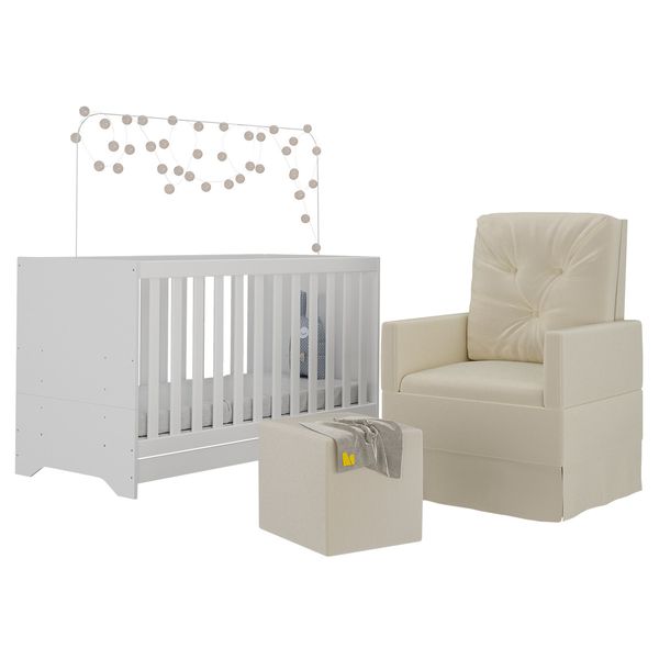 Berço 3x1 com Colchão Incluso Poltrona de Amamentação e Puff Elza Multimóveis MP4100 Branco/Bege