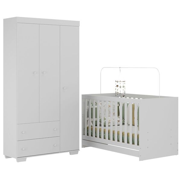 Quarto Infantil com Berço 3 em 1 e Guarda-Roupas Algodão Doce Multimóveis MP4247 Branco