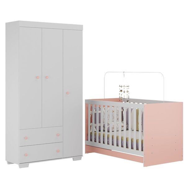 Quarto Infantil com Berço Colchão Incluso e Guarda-Roupas Algodão Doce Multimóveis MP4248 Branco/Rosa