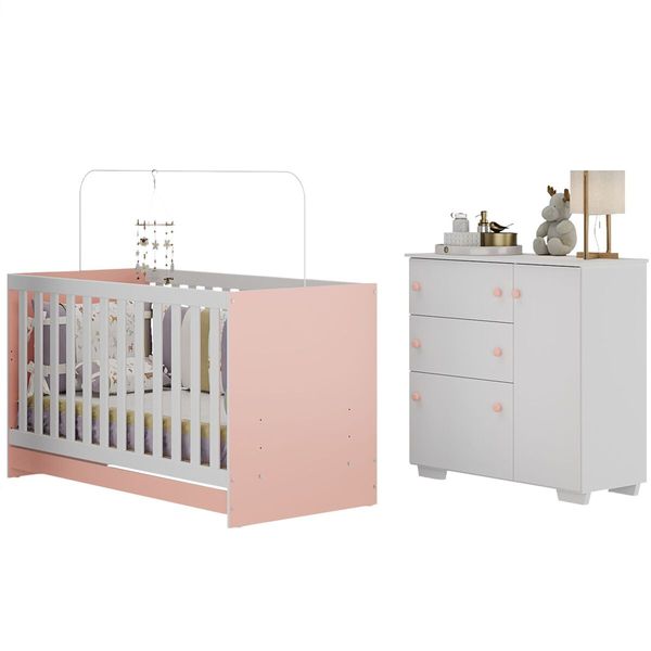 Quarto Infantil com Berço 3 em 1 e Cômoda Algodão Doce Multimóveis MP4249 Branco/Rosa