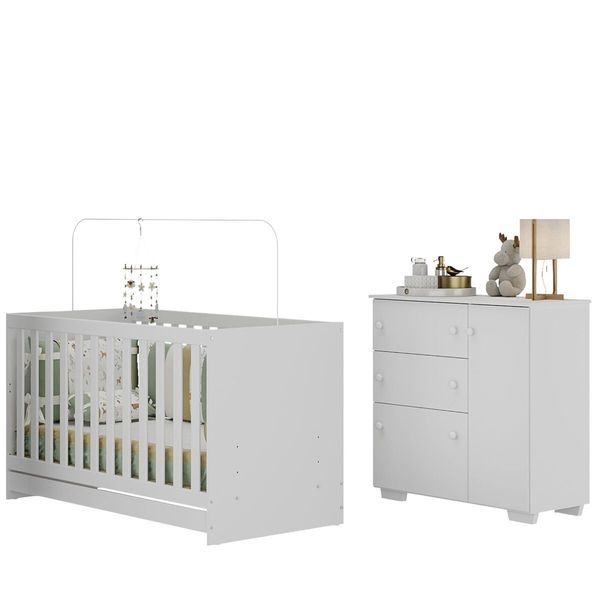 Quarto Infantil com Berço Colchão Incluso e Cômoda Algodão Doce Multimóveis MP4250 Branco