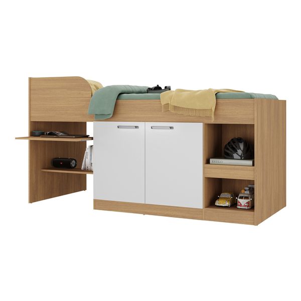 Cama Solteiro Multifuncional com Colchão Incluso 2 Portas e Escrivaninha Multimóveis MP4235 Rustic/Branco