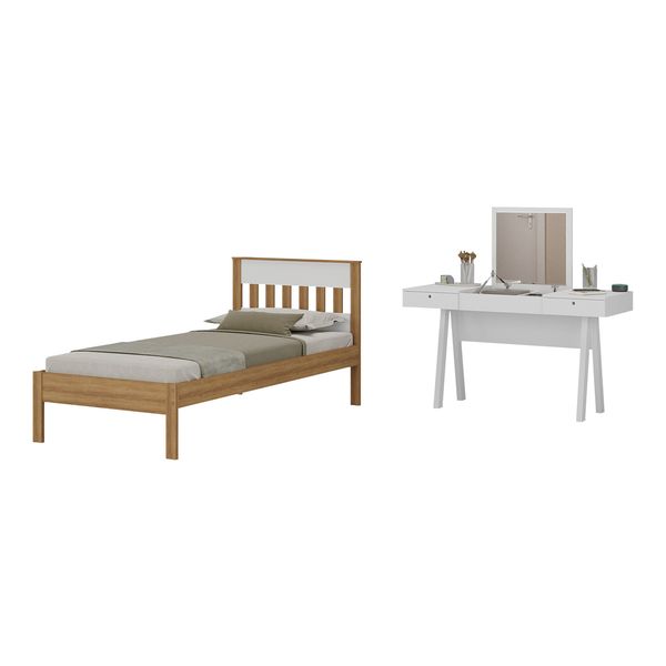 Cama de Solteiro para Colchão 88 x 188 cm com Penteadeira 131,5cm Multimóveis CR35247 Amêndoa/Branco