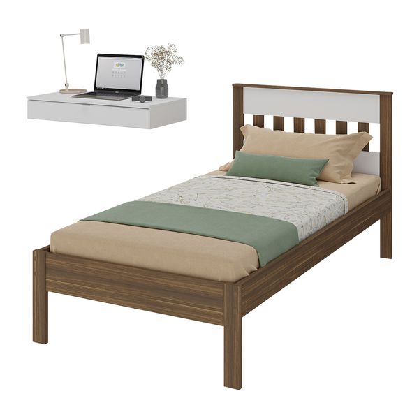 Cama de Solteiro para Colchão 88 x 188 cm com Penteadeira 90cm Suspensa Multimóveis CR35248 Nogal/Branco