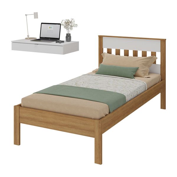 Cama de Solteiro para Colchão 88 x 188 cm com Penteadeira 90cm Suspensa Multimóveis CR35248 Amêndoa/Branco