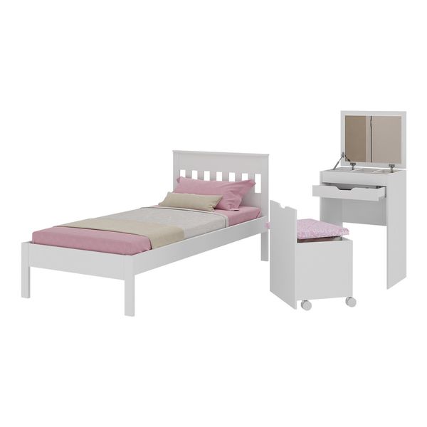 Cama de Solteiro para Colchão 88 x 188 cm com Penteadeira 54cm e Puff Multimóveis CR40121 Branco