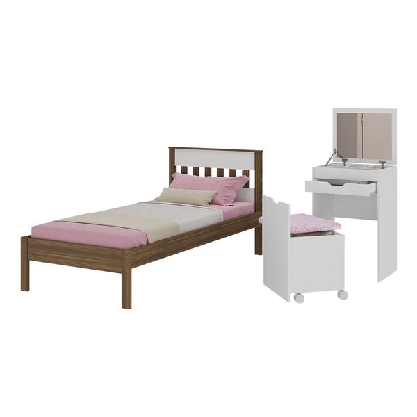 Cama de Solteiro para Colchão 88 x 188 cm com Penteadeira 54cm e Puff Multimóveis CR40121 Nogal/Branco