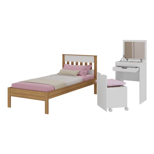 Cama de Solteiro para Colchão 88 x 188 cm com Penteadeira 54cm e Puff Multimóveis CR40121 Amêndoa/Branco