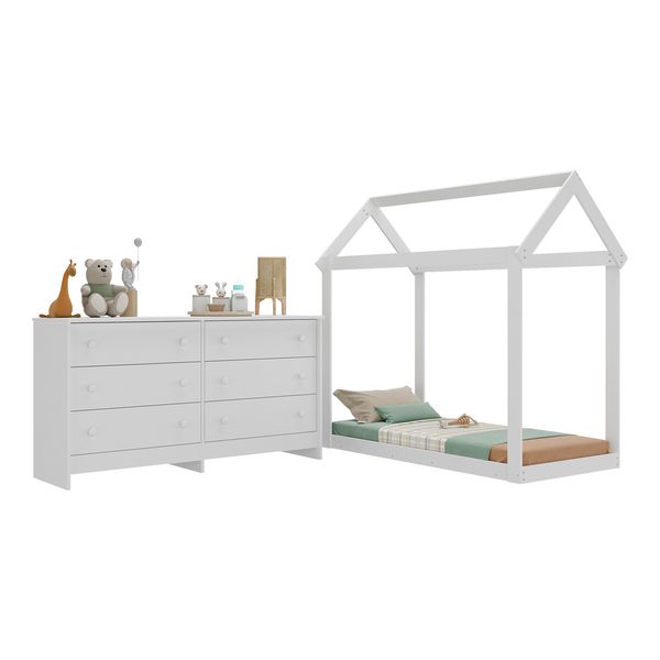 Cama Infantil Montessoriana para Colchão 150 x 70cm com Cômoda Bambolê Multimóveis MX4287 Branco