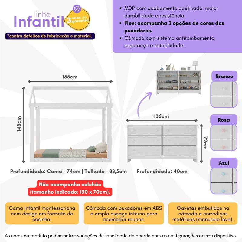 cama-infantil-montessoriana-para-colchao-150-x-70cm-com-comoda-bambole-multimoveis-mX4287-branco