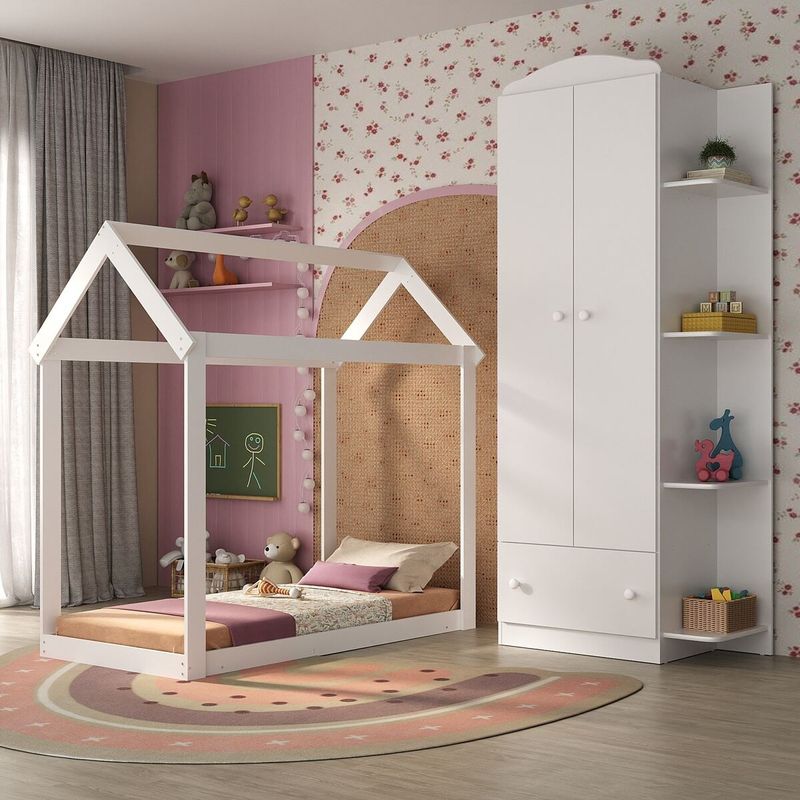 quarto-infantil-com-cama-montessoriana-colchao-guarda-roupas-joao-e-maria-multimoveis-mx4272-branco