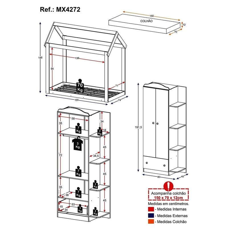 quarto-infantil-com-cama-montessoriana-colchao-guarda-roupas-joao-e-maria-multimoveis-mx4272-branco