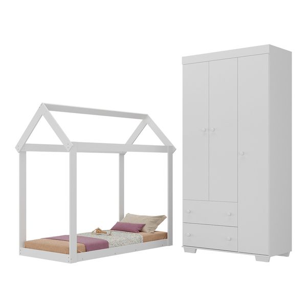 Quarto Infantil com Cama Montessoriana e Guarda-Roupas Algodão Doce Multimóveis MX4275 Branco