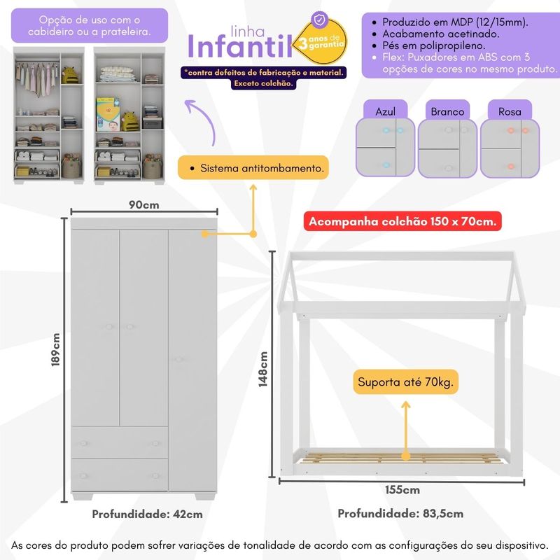 quarto-infantil-com-cama-montessoriana-colchao-guarda-roupas-algodao-doce-multimoveis-mx4276-branco