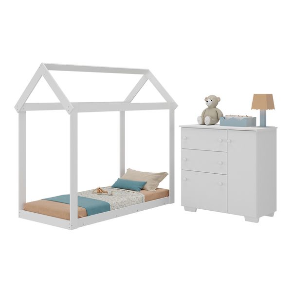 Quarto Infantil Cama Montessoriana/Colchão/Cômoda Flex Algodão Doce Multimóveis MX4278 Branco