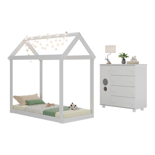 Cama Infantil Montessoriana para Colchão 150x70cm com Cômoda Pimpolho Multimóveis MX4281 Branco