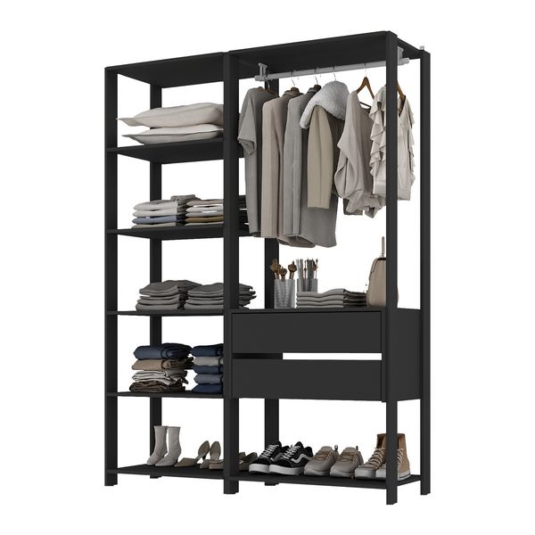 Guarda-Roupas Closet Modulado 135cm 2 Peças com 2 Gavetas e Cabideiro Multimóveis MP4320 Preto