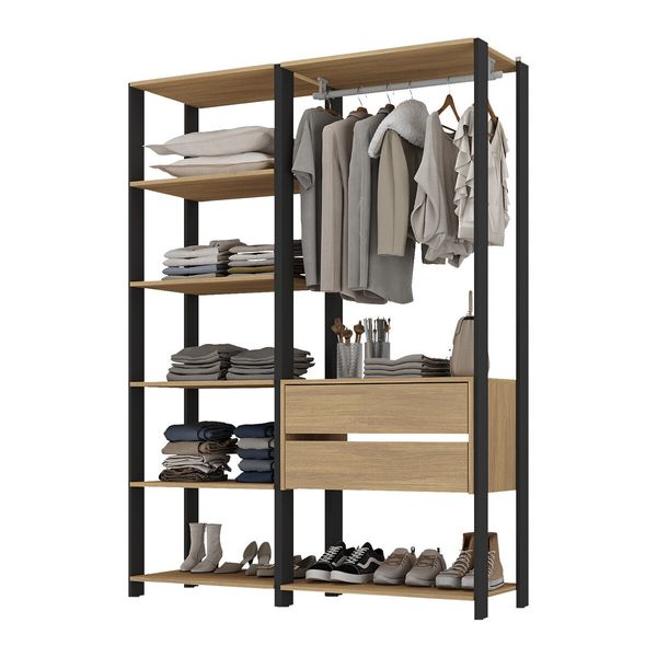 Guarda-Roupas Closet Modulado 2 Peças com 2 Gavetas e Cabideiro Multimóveis MP4320 Preto/Madeirado