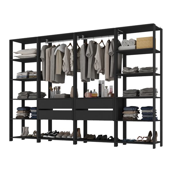 Guarda-Roupas Closet Modulado 270cm 4 Peças com 4 Gavetas e Cabideiros Multimóveis MP4321 Preto