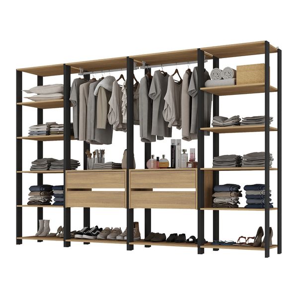 Guarda-Roupas Closet Modulado 205cm 4 Peças com 4 Gavetas e Cabideiros Multimóveis MP4321 Preto/Madeirado