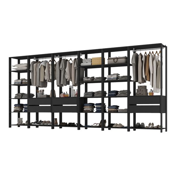 Guarda-Roupas Closet Modulado 405cm 6 Peças com 6 Gavetas e Cabideiros Multimóveis MP4322 Preto