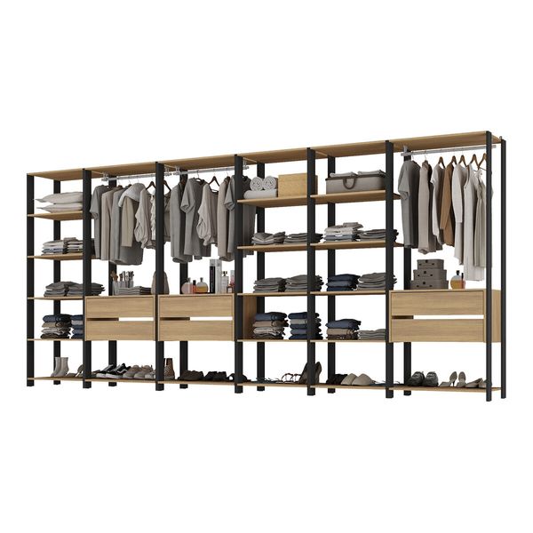 Guarda-Roupas Closet Modulado 405cm 6 Peças com 6 Gavetas e Cabideiros Multimóveis MP4322 Preto/Madeirado