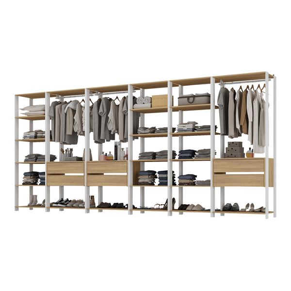 Guarda-Roupas Closet Modulado 405cm 6 Peças com 6 Gavetas e Cabideiros Multimóveis MP4322 Branco/Madeirado