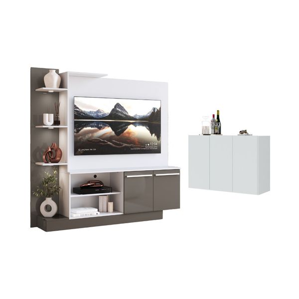 Rack com Painel para TV até 55 Polegadas e Aparador 3 Portas Multimóveis MP1097 Branco/Lacca Fumê