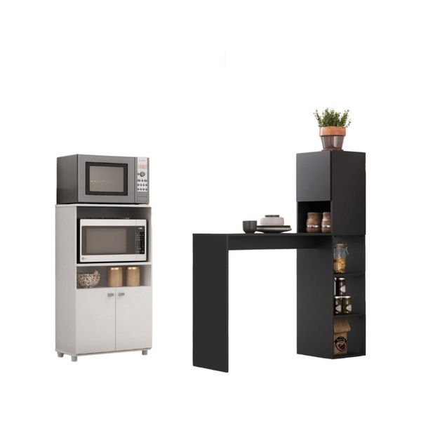 Balcão para Forno e Micro-ondas 2 Portas e Bancada com Armário Multimóveis MP2253 Branco/Preto