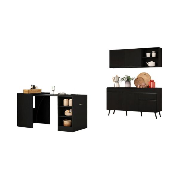 Armário de Cozinha Aéreo com Balcão para Pia e Mesa Dobrável Multimóveis MP2256 Preto