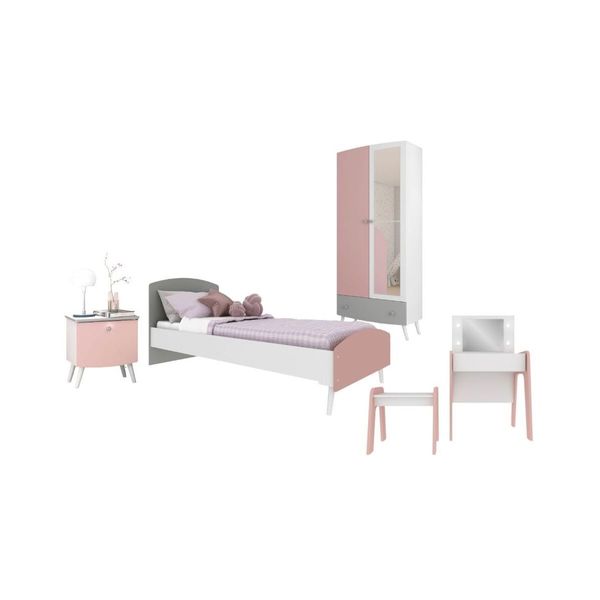 Quarto Infantil Completo para Colchão 78x188cm com Penteadeira Doçura Multimóveis MP4341 Branco/Cinza/Rosa