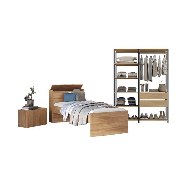 Quarto Completo com Cama Solteiro para Colchão 188x78cm com Baú Embutido Multimóveis MP4342 Preto/Madeirado