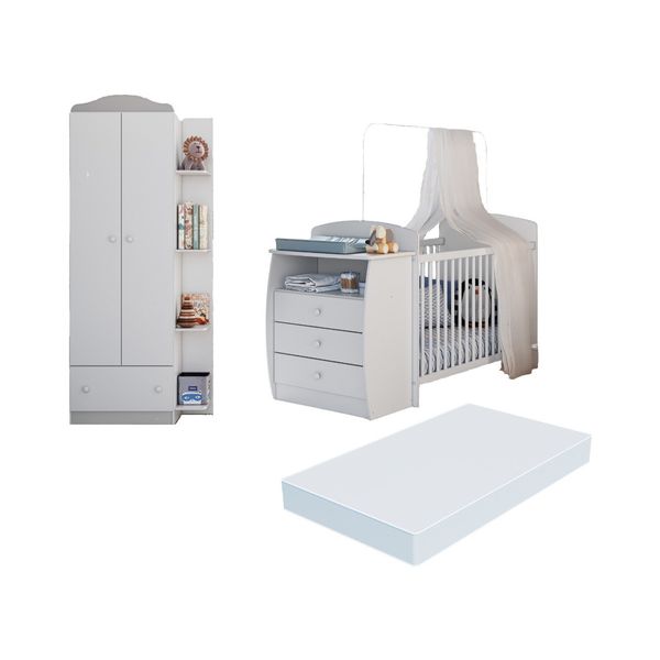 Berço Cômoda com Colchão Incluso e Guarda-Roupa 2 Portas 1 Gaveta Multimóveis MP4348 Branco/Colorido