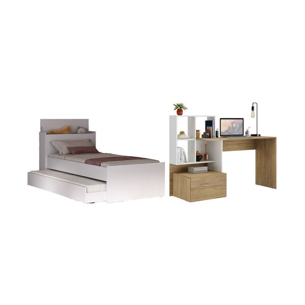 Bicama para Colchão 78x188cm com Baú Embutido e Escrivaninha Multimóveis MP4368 Branco/Madeirado
