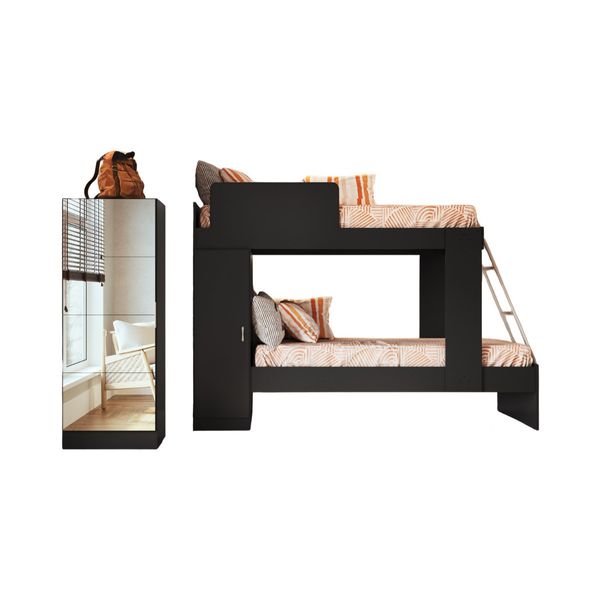 Beliche para Colchão 78x188cm com 1 Porta e Sapateira com Espelhos Multimóveis MP4370 Preto