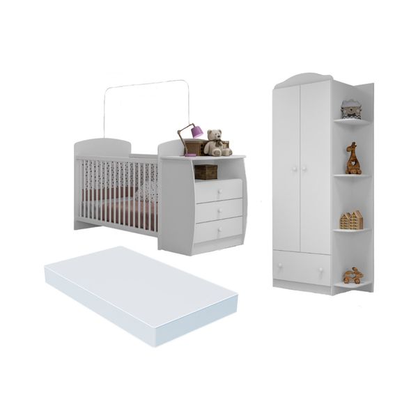 Berço Cômoda com Colchão Incluso e Guarda-Roupa 2 Portas 1 Gaveta Multimóveis MP4373 Branco/Colorido