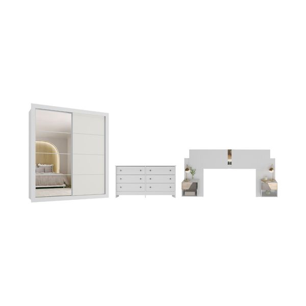 Quarto Completo com Cabeceira Casal/Queen Guarda-roupa e Cômoda Multimóveis MP4375 Branco/Lacca Fumê