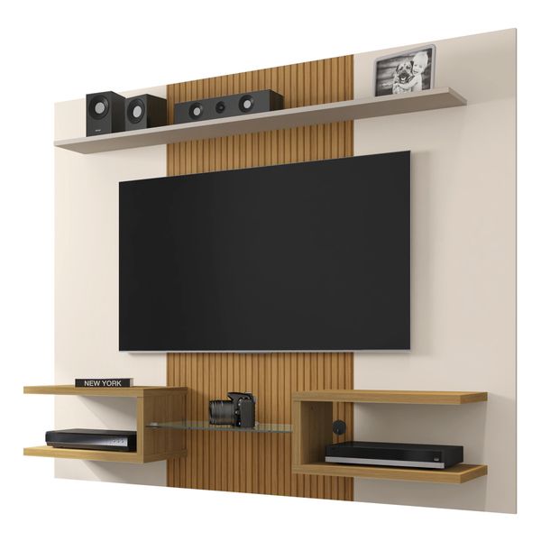 Painel para TV até 55 Polegadas com Vidro e Prateleiras Multimóveis CR45282 Off White/Cinamomo/Ripado