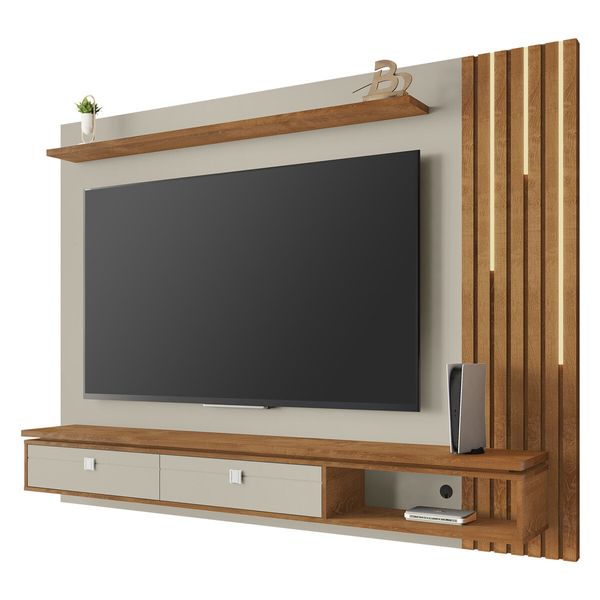 Painel para TV até 80 Polegadas com Ripado Fita LED e 2 Gavetas Multimóveis CR45285 Off White/Naturalle