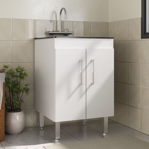 Tanque de Lavanderia 45 Litros com Gabinete 2 Portas Multimóveis CR30038 Branco/Preto
