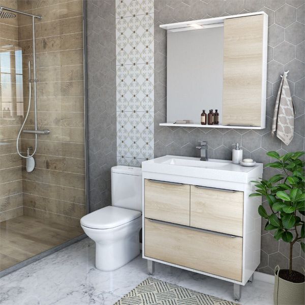 Gabinete de Banheiro com Cuba e Espelheira com LED 79,5cm Multimóveis CR10131 Branco/Legno Crema