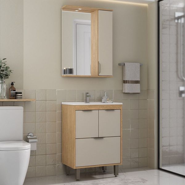 Gabinete de Banheiro com Cuba e Espelheira com LED 59cm Multimóveis CR10141 Carvalho Nature/Arenas