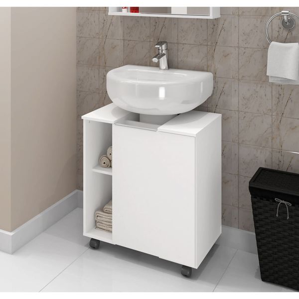 Balcão Gabinete de Banheiro com 1 Porta e Rodízios 55,3cm Multimóveis CR10129 Branco