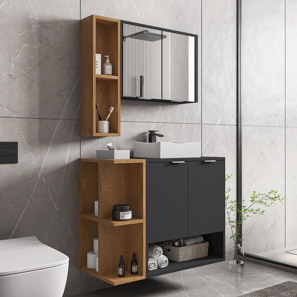 Gabinete de Banheiro Suspenso com Cuba e Espelheira 70cm Multimóveis CR10125 Preto Fosco/Naturalle