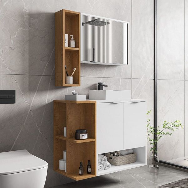 Gabinete de Banheiro Suspenso com Cuba e Espelheira 70cm Multimóveis CR10125 Branco/Naturalle