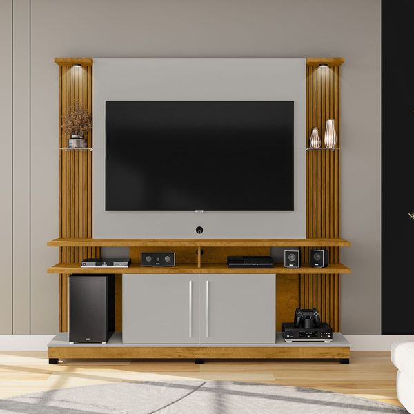 Rack com Painel para TV até 55 Polegadas com Vidros 2 LEDS e 2 Portas Multimóveis CR45278 Naturalle/Off White/Ripado