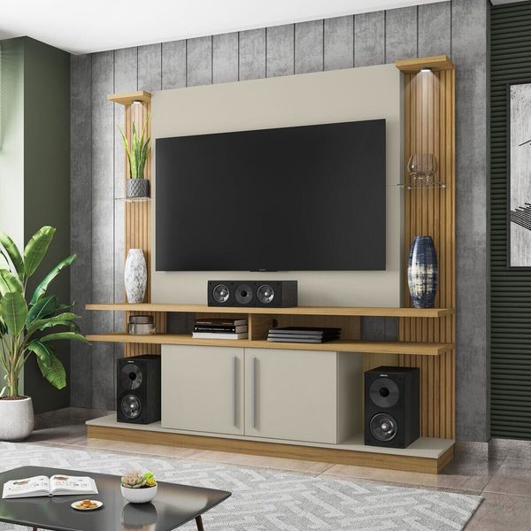 Rack com Painel para TV até 55 Polegadas com Vidros 2 LEDS e 2 Portas Multimóveis CR45278 Cinamomo/Off White/Ripado