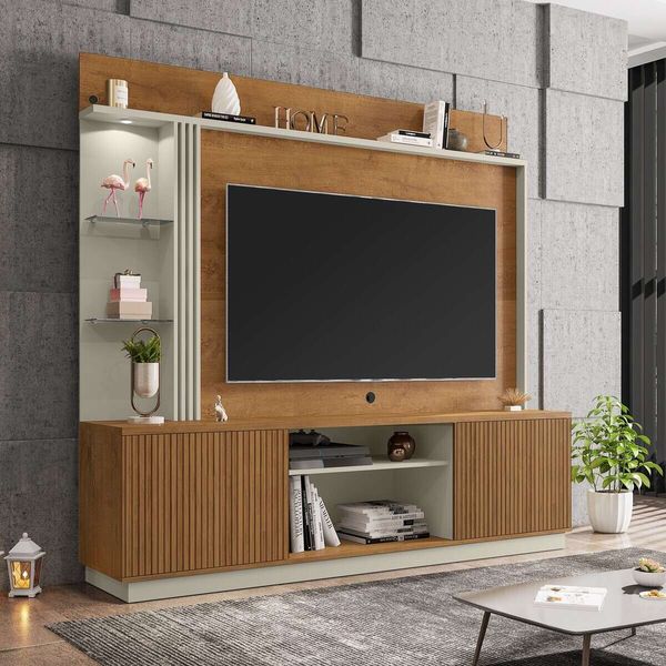 Rack com Painel para TV até 65 Polegadas com LED Vidros e 2 Portas Multimóveis CR45275 Naturalle/Off White/Ripado